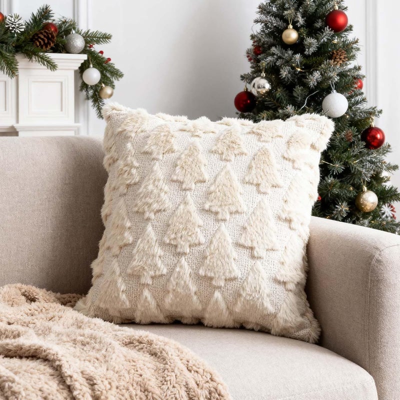 ONFAON Christmas Decorations -Christmas Pillow Covers 18 x 18 Inches Set of 2,Soft Plush Faux Fur Wool Beige Xmas Tree Throw Pillow Cases Winter Holiday Decor for Sofa Living Room - Image 2